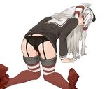  all_fours amatsukaze_(kantai_collection) ass bad_id bad_pixiv_id bangs black_blouse black_panties blouse blush brown_eyes flat_ass from_behind frown glaring hair_tubes hat high_heels highres kantai_collection long_hair long_sleeves looking_at_viewer looking_back mini_hat no_pants panties red_footwear red_legwear sailor_collar shoes silver_hair simple_background solo suto_(iamsuto) thighhighs two_side_up underwear white_background 