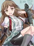  arashio_(kantai_collection) arm_warmers backpack bag bike_shorts breasts brown_eyes brown_hair cannon dress_shirt highres kantai_collection long_hair machinery medium_breasts open_mouth pleated_skirt randoseru shirt skirt smile solo suspenders torpedo tsuwabuki-san turret 