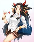  bag bangs_pinned_back black_hair bracelet brown_skirt candy cowboy_shot facial_mark fingernails food forehead_mark gradient gradient_background hair_ornament hair_over_shoulder hair_stick hair_tubes holding holding_food horns jewelry kasu_kazu kisaragi_(shironeko_project) lollipop long_fingernails long_hair long_sleeves looking_at_viewer multicolored_hair nail_polish pinky_out pleated_skirt ponytail red_eyes red_hair red_nails sharp_fingernails shironeko_project shirt shoulder_bag signature skirt smile solo very_long_hair walking white_shirt 