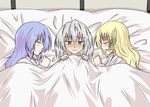  bed blanket blonde_hair blue_hair blush closed_eyes commentary_request girl_sandwich grey_hair kishin_sagume multiple_girls open_mouth pillow sandwiched shamisen_(syami_sen) sleeping touhou watatsuki_no_toyohime watatsuki_no_yorihime yuri 