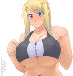  :| alphonse_elric bangs blonde_hair blue_eyes blush breasts cleavage closed_mouth covered_nipples edward_elric fullmetal_alchemist highres huge_breasts long_hair looking_down minakami_(flyingman555) multiple_boys navel nose_blush sidelocks simple_background solo_focus sports_bra sweatdrop swept_bangs underboob undersized_clothes upper_body winry_rockbell zipper 