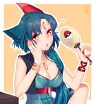  animal_ears bangle blue_hair bracelet breasts cleavage fan fingernails forehead_jewel gen_2_pokemon hand_on_own_face highres jewelry large_breasts makeup matemi nail_polish open_mouth personification pokemon short_hair sneasel solo yellow_eyes 