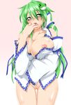  &gt;_&lt; bare_shoulders blush bottomless breasts cleavage closed_eyes detached_collar frog_hair_ornament green_eyes green_hair groin hair_ornament heart heart-shaped_pupils kochiya_sanae kokujuuji large_breasts long_hair long_sleeves looking_at_viewer naked_shirt nipples no_bra open_clothes open_mouth open_shirt pussy saliva shirt snake_hair_ornament solo sweat symbol-shaped_pupils tears touhou very_long_hair wide_sleeves 