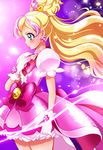 absurdres aqua_eyes bad_id bad_pixiv_id blonde_hair blush bow cowboy_shot cure_flora earrings eyebrows flower_earrings gloves go!_princess_precure hand_on_own_chest haruno_haruka highres jewelry long_hair magical_girl multicolored_hair petals pink_bow pink_hair pink_skirt precure profile puffy_sleeves purple_background sharumon skirt smile solo standing streaked_hair thick_eyebrows two-tone_hair white_gloves 