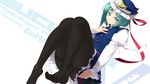  black_legwear blue_eyes feet green_hair hand_on_own_chest hat highres legs long_sleeves panties panties_under_pantyhose pantyhose rokuwata_tomoe shiki_eiki short_hair skirt solo thighband_pantyhose touhou underwear 