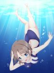  ass bare_shoulders blue_eyes breasts brown_hair bubble fish freediving highres holding_breath looking_at_viewer love_live! love_live!_sunshine!! medium_breasts numpopo one-piece_swimsuit open_mouth salute short_hair smile solo sunlight swimming swimsuit underwater watanabe_you water 