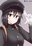  &gt;:) akitsu_maru_(kantai_collection) anti_(untea9) black_eyes black_hair blush commentary_request gloves grey_background hat highres kantai_collection military military_uniform remodel_(kantai_collection) salute school_uniform simple_background smile solo twitter_username two-finger_salute uniform v-shaped_eyebrows white_gloves 