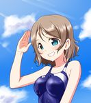  bare_shoulders blue_eyes blue_sky breasts brown_hair cloud day highres looking_at_viewer love_live! love_live!_sunshine!! m-shiganai medium_breasts one-piece_swimsuit salute short_hair sky smile solo sunlight swimsuit watanabe_you 