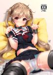  bdsm black_serafuku bondage bound brown_eyes brown_hair collar cuffs cuffs-to-collar egg_vibrator heart-shaped_lock heart_lock_(kantai_collection) kantai_collection long_hair mokufuu murasame_(kantai_collection) panties school_uniform see-through serafuku solo thighhighs twintails underwear vibrator vibrator_under_clothes vibrator_under_panties 