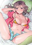  armpits bikini_top blush breasts brown_hair cleavage collarbone cuvie denim denim_shorts drawstring groin hair_tie jacket kneehighs large_breasts long_hair lying navel no_panties on_back on_bed open_clothes open_fly open_jacket original pillow pink_jacket purple_eyes short_shorts short_sleeves shorts solo spread_legs stomach strap_lift twintails underboob unzipped 