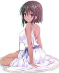  bare_shoulders breasts brown_hair dark_skin dress idolmaster idolmaster_cinderella_girls jpeg_artifacts large_breasts looking_at_viewer looking_back natalia_(idolmaster) partially_undressed purple_eyes sen_(astronomy) simple_background sitting smile solo untied wariza white_background white_dress 
