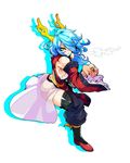 ass blue_hair detached_sleeves dragon_girl fighting_stance horns kamen_no_hito smoke solo 