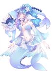  asame21 bare_shoulders blue_eyes blue_hair detached_sleeves dual_persona fingernails gen_1_pokemon hair_ornament head_fins jewelry long_hair mermaid midriff monster_girl nail_polish navel necklace personification pokemon pokemon_(creature) scales seashell_bra solo vaporeon 