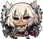  :&lt; absurdres blonde_hair breasts cannon chibi closed_mouth commentary dark_skin english_commentary full_body glasses hair_between_eyes hairband headgear highres holding kantai_collection machinery medium_breasts musashi_(kantai_collection) nakkinya red_eyes rimless_eyewear sarashi solo standing transparent_background v-shaped_eyebrows 