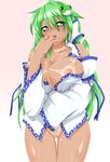  &gt;_&lt; bare_shoulders blush bottomless breasts cleavage closed_eyes detached_collar frog_hair_ornament green_eyes green_hair groin hair_ornament heart heart-shaped_pupils kochiya_sanae kokujuuji large_breasts long_hair long_sleeves looking_at_viewer naked_shirt nipples no_bra open_clothes open_mouth open_shirt pussy saliva shirt snake_hair_ornament solo sweat symbol-shaped_pupils tan tanline tears touhou very_long_hair wide_sleeves 