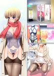  bag blonde_hair blue_eyes blush bondage_outfit breasts bustier coat collarbone comic covered_nipples garter_straps gloves hiyoko_daiou jewelry large_breasts lingerie looking_to_the_side necklace nipples open_clothes open_coat original pubic_hair red_scarf scarf see-through sex_shop shop shopping_bag short_hair sign thighhighs trench_coat underwear vibrator 