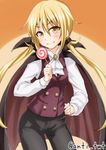  &gt;:) anti_(untea9) black_cape black_pants blonde_hair brooch buttons candy cape commentary costume cowboy_shot fang fang_out food hair_ornament halloween hand_on_hip highres holding holding_food jewelry kantai_collection lollipop long_hair long_sleeves orange_background pants purple_vest satsuki_(kantai_collection) shirt simple_background smile smug solo twintails twitter_username v-shaped_eyebrows vampire_costume vest white_shirt yellow_eyes 