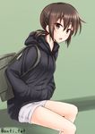  alternate_costume anti_(untea9) bag brown_eyes brown_hair casual commentary_request fubuki_(kantai_collection) green_background highres hood hoodie kantai_collection low_ponytail open_mouth shorts shoulder_bag simple_background sitting solo twitter_username 