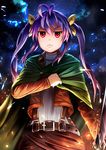  :&lt; absurdres antenna_hair belt cape cloud cloudy_sky cosplay hair_ribbon highres jacket long_hair long_sleeves miyauchi_renge non_non_biyori paradis_military_uniform purple_hair red_eyes ribbon shingeki_no_kyojin sky solo star_(sky) starry_sky sword sysen twintails weapon 