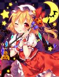  ascot bat baton blonde_hair blush bow crescent flandre_scarlet halloween hat hat_bow jack-o'-lantern licking_lips looking_at_viewer mob_cap one_eye_closed puffy_short_sleeves puffy_sleeves red_eyes riichu shirt short_sleeves side_ponytail skirt skirt_set smile solo star tongue tongue_out touhou vest wings wrist_cuffs 
