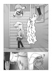  animal_print bear_panties bear_print comic folded_ponytail greyscale hat hibiki_(kantai_collection) inazuma_(kantai_collection) kantai_collection long_hair monochrome multiple_girls panties print_panties raythalosm school_uniform serafuku stairs translated tripping underwear verniy_(kantai_collection) 