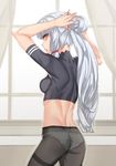  adjusting_hair back breasts deras from_behind kantai_collection long_hair medium_breasts midriff murakumo_(kantai_collection) panties panties_under_pantyhose pantyhose ponytail silver_hair solo thighband_pantyhose tying_hair underwear very_long_hair yellow_eyes 