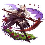  armor bangs black_dress black_footwear black_legwear blunt_bangs braid breasts dark_valkyrie_(p&amp;d) dress flower full_body gauntlets hair_ornament hair_over_shoulder high_heels holding holding_weapon large_breasts leg_up long_hair parted_lips petals purple_flower purple_rose purple_wings puzzle_&amp;_dragons red_eyes red_flower red_rose rose scythe shoes smile solo standing standing_on_one_leg thighhighs thorns twin_braids valkyrie valkyrie_(p&amp;d) very_long_hair weapon white_hair wings zek_(zecola) 