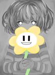  1other =d absurdres androgynous flower flowey_(undertale) frisk_(undertale) grey_background highres monochrome pupu_(deency) shirt short_hair smile spot_color striped striped_shirt undertale 