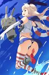  &gt;_&lt; anchor_hair_ornament ass bare_shoulders black_panties blonde_hair blue_sky cannon closed_eyes day elbow_gloves gloves grey_eyes hair_ornament hair_ribbon highleg highleg_panties kaisen_chuui kantai_collection lifebuoy long_hair looking_at_viewer looking_back midriff miniskirt ocean open_mouth panties rensouhou-chan ribbon shimakaze_(kantai_collection) shirt skindentation skirt skirt_lift sky sleeveless sleeveless_shirt striped striped_legwear thighhighs thong underwear upskirt very_long_hair white_gloves wind wind_lift 