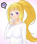  ? blonde_hair blush breasts frown gundam gundam_tekketsu_no_orphans impossible_clothes impossible_shirt kudelia_aina_bernstein long_hair long_sleeves looking_at_viewer medium_breasts onsoku_maru ponytail purple_eyes shirt solo speech_bubble spoken_question_mark 