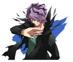  1boy bad_id bad_pixiv_id coat garry_(ib) hair_over_one_eye hand_up ib long_coat looking_at_viewer male_focus purple_eyes purple_hair smile solo torn_clothes white_background 