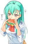  aqua_hair byte_(allbyte) eating food hamburger highres kantai_collection long_hair school_uniform solo suzuya_(kantai_collection) 