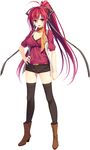  absurdres black_legwear boots brown_footwear full_body hand_on_hip highres juukishi_cutie_bullet long_hair looking_at_viewer minami_mayu non-web_source open_mouth ponytail red_eyes red_hair scarf shorts simple_background smile solo standing very_long_hair white_background yuuki_hagure 