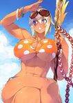  23_(real_xxiii) abs bikini blonde_hair blue_eyes breasts cleavage crossed_legs dark-skinned_girl_(23) dark_skin day downscaled eyewear_on_head highres jewelry katana large_breasts md5_mismatch navel original phantasy_star phantasy_star_online_2 resized shading_eyes short_hair solo sunglasses swimsuit sword underboob weapon 