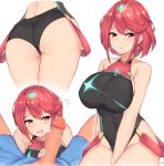  1girl ass bangs bare_arms bare_shoulders black_leotard blush boxers boxers_pull breasts covered_collarbone curvy earrings eyebrows_visible_through_hair gem hair_ornament handjob heart heart-shaped_pupils hetero highres hips homura_(xenoblade_2) huge_ass imminent_fellatio jewelry kuavera large_breasts legs_together leotard looking_at_viewer multiple_views nintendo one-piece_swimsuit open_mouth paid_reward patreon_reward penis penis_awe red_eyes red_hair shiny shiny_skin short_hair simple_background sitting standing suspenders swept_bangs swimsuit symbol-shaped_pupils thick_thighs thighs tiara uncensored underwear white_background wide_hips xenoblade xenoblade_(series) xenoblade_2 xenoblade_chronicles_2 