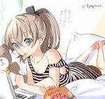  alternate_costume aqua_eyes bare_shoulders barefoot bespectacled brown_hair casual chips computer eating food glasses kantai_collection kumano_(kantai_collection) laptop lying natsupa on_stomach ponytail potato_chips solo strap_slip stuffed_animal stuffed_toy teddy_bear 