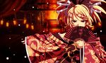  blonde_hair covering_mouth fan folding_fan hair_ornament hairclip highres japanese_clothes kagamine_rin looking_at_viewer off_shoulder outstretched_arm red_eyes short_hair solo tasaka_shinnosuke vocaloid 