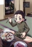  :d black_hair blush brown_eyes buttons chopsticks cooking eyebrows food genderswap genderswap_(mtf) hair_strand highres holding indian_style indoors jingisukan_(food) long_sleeves mc_axis military military_uniform mutaguchi_ren'ya non-web_source open_mouth original pants plate pocket real_life short_hair shorts sitting smile steam text_focus tonpuu translation_request twintails uniform 