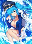  bad_id bad_pixiv_id blue_hair blush breasts cleavage covered_nipples hat large_breasts long_hair looking_at_viewer luthica_preventer midriff one_eye_closed red_eyes shiny shiny_skin smile solo sword sword_girls twintails weapon yuruto 