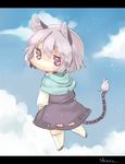  akagashi_hagane animal_ears blue_sky capelet chibi cloud day dress grey_dress letterboxed long_sleeves looking_at_viewer looking_back mouse mouse_ears nazrin pink_eyes sky solo touhou 