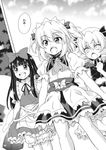  :d :o black_hair bloomers bow chestnut_mouth doujinshi dress drill_hair frilled_dress frills greyscale hair_bow hat highres hirasaka_makoto long_hair luna_child monochrome multiple_girls open_mouth short_hair smile star_sapphire sunny_milk touhou translated underwear wings 