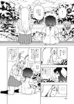  4girls animal_ears bunny_ears check_translation cirno comic cosplay flandre_scarlet greyscale hood hoodie inaba_tewi monochrome multiple_girls reisen_udongein_inaba stick touhou translated translation_request tree white_mage white_mage_(cosplay) wings 