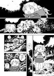  1girl comic doujinshi ex-keine flower greyscale horns jumping kamishirasawa_keine monochrome touhou translated tree tree_stump younger 