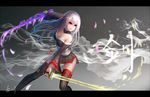  bare_shoulders breasts cleavage detached_sleeves dual_wielding dungeon_and_fighter female_slayer_(dungeon_and_fighter) holding long_hair medium_breasts red_eyes solo sword thighhighs vagabond_(dungeon_and_fighter) wangchuan_de_quanyan weapon white_hair 