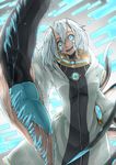  blue_eyes ellen_(pale_blue) horns looking_at_viewer monster_girl multiple_tails open_mouth pale_blue smile solo tail white_hair zahwa_winessya 