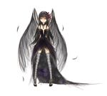  akemi_homura akuma_homura argyle argyle_legwear bare_shoulders black_gloves black_hair black_wings bow choker dress elbow_gloves feathered_wings feathers gloves hair_bow long_hair mahou_shoujo_madoka_magica mahou_shoujo_madoka_magica_movie monetto purple_eyes simple_background solo spoilers standing thighhighs white_background wings zettai_ryouiki 