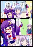  bespectacled blush comic crescent crescent_hair_ornament fox_mask givuchoko glasses hair_bun hair_ornament hair_ribbon hata_no_kokoro highres long_hair mask multiple_girls noh_mask oni_mask patchouli_knowledge pince-nez plaid plaid_shirt purple_eyes purple_hair red-framed_eyewear remilia_scarlet ribbon semi-rimless_eyewear shirt short_hair silver_hair touhou translated under-rim_eyewear 