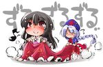  black_hair blush braid commentary_request dress eighth_note hat highres houraisan_kaguya japanese_clothes long_hair multiple_girls musical_note nurse_cap red_eyes shinapuu short_sleeves silver_hair simple_background skirt_hold smile touhou wide_sleeves yagokoro_eirin 