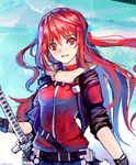  belt black_gloves breasts choker fang gloves hair_ribbon katana long_hair original red_eyes red_hair ribbon scabbard sheath sheathed sky small_breasts solo sword tianlluo two_side_up weapon window 