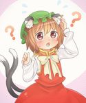  ? animal_ears blush bow brown_eyes brown_hair cat_ears cat_tail chen chestnut_mouth dress ear_piercing hat ibaraki_natou jewelry mob_cap multiple_tails nekomata open_mouth piercing red_dress shirt single_earring solo tail touhou 